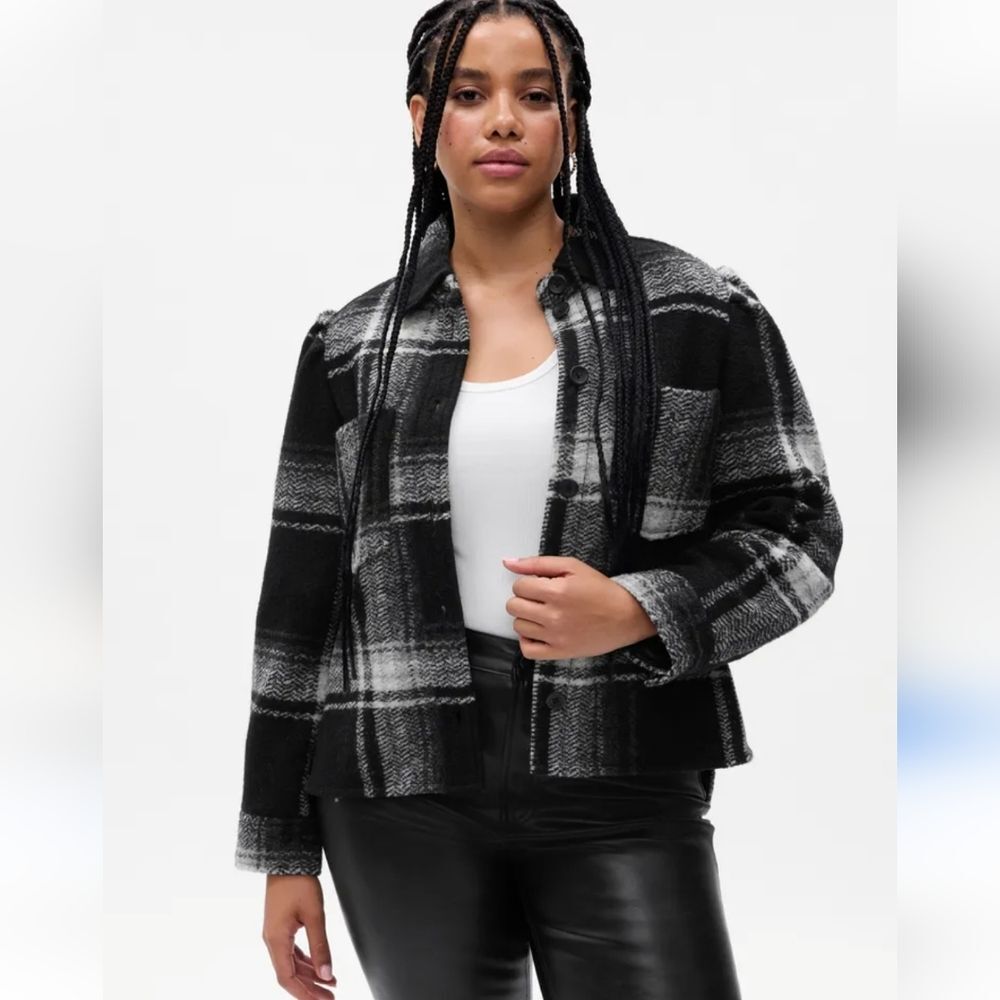 Gap Puff Sleeve Cropped Wool Shirt Jacket Black White Plaid Size L